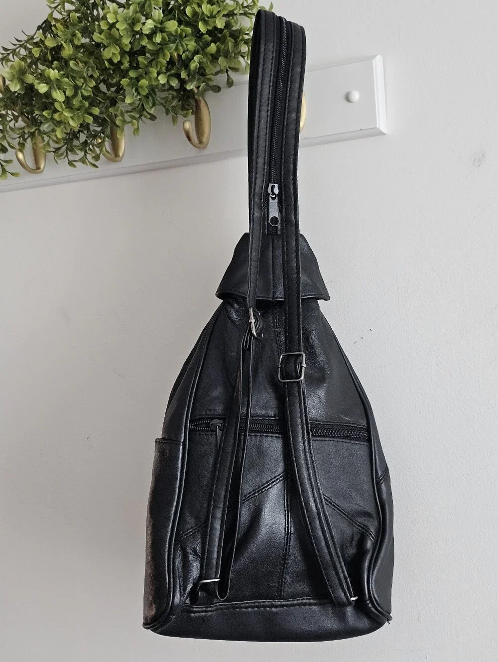 Black Genuine Lambskin Leather Sling Backpack Convertible Shoulder Bag